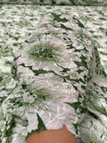 Floral Printed and Puckered Stretch Lace with Lurex Fibers - Moss Green / Off-White