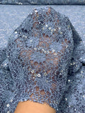 Double-Scalloped Floral Stretch Lace with Sequins - Slate Blue