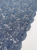 Double-Scalloped Floral Stretch Lace with Sequins - Slate Blue