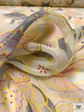 Swirling Abstract Floral Printed Chiffon - Light Sage / Grey / Nude / Yellow