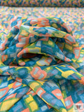Abstract Geometric Mosaic Printed Chiffon - Teal / Seafoam / Coral / Yellow