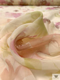 Watercolor Floral Printed Silk Chiffon - Pastel Lemon / Purples / Green