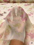 Watercolor Floral Printed Silk Chiffon - Pastel Lemon / Purples / Green