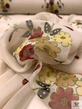 Daisy Sprig Bouquets Printed Silk Chiffon - Smokey Taupe / Maroon / Tan / Yellow