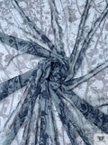 Leaf and Floral Branches Printed Silk Chiffon - Navy / Dusty Seafoam