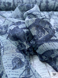 Leaf and Floral Branches Printed Silk Chiffon - Navy / Dusty Seafoam
