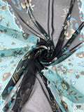 Follow the Rose Road Printed Silk Chiffon - Dusty Aqua / Black / Sage