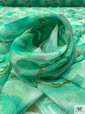 Watercolor Floral Printed Silk Chiffon - Aquamarine / Olive