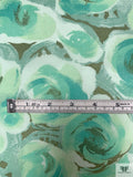 Watercolor Floral Printed Silk Chiffon - Aquamarine / Olive