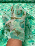 Watercolor Floral Printed Silk Chiffon - Aquamarine / Olive