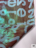 Italian Alpha-Numeric Holographic Taffeta Lamé - Brown / Sky Blue