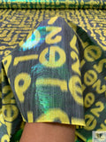 Italian Alpha-Numeric Holographic Taffeta Lamé - Yellow / Green / Black