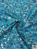 Italian Floral Textured Metallic Brocade - Turquoise Blue / Silver / Blue