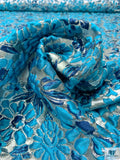 Italian Floral Textured Metallic Brocade - Turquoise Blue / Silver / Blue