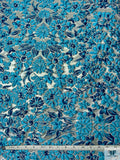 Italian Floral Textured Metallic Brocade - Turquoise Blue / Silver / Blue