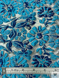 Italian Floral Textured Metallic Brocade - Turquoise Blue / Silver / Blue