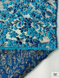 Italian Floral Textured Metallic Brocade - Turquoise Blue / Silver / Blue