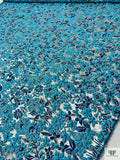 Italian Floral Textured Metallic Brocade - Turquoise Blue / Silver / Blue