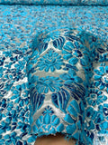 Italian Floral Textured Metallic Brocade - Turquoise Blue / Silver / Blue
