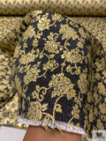 Italian Vine Floral Metallic Denim-Base Brocade - Gold / Yellow / Navy