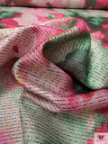 Italian Watercolor Floral Printed Metallic Brocade with Stitching - Hot Pink / Green / Gold / Navy