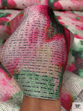 Italian Watercolor Floral Printed Metallic Brocade with Stitching - Hot Pink / Green / Gold / Navy