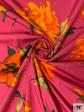 Italian Stylized Peony Printed Cotton Shirting-Lawn - Amaranth Pink / Orange / Deep Green