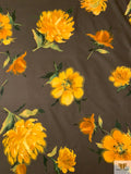 Italian Stylized Peony Printed Cotton Shirting-Lawn - Bronze Olive / Yellow / Green