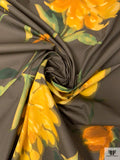 Italian Stylized Peony Printed Cotton Shirting-Lawn - Bronze Olive / Yellow / Green