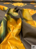 Italian Stylized Peony Printed Cotton Shirting-Lawn - Bronze Olive / Yellow / Green