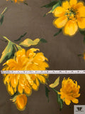 Italian Stylized Peony Printed Cotton Shirting-Lawn - Bronze Olive / Yellow / Green