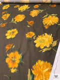 Italian Stylized Peony Printed Cotton Shirting-Lawn - Bronze Olive / Yellow / Green