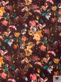 Italian Painterly Floral Printed Rayon Jersey Knit - Aubergine / Tangerine / Pinks / Sea Green