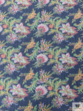 Ikat Floral Leaf Warp Printed Polyester Taffeta - Blue / Green / Rose Pink / Mustard
