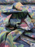 Ikat Floral Leaf Warp Printed Polyester Taffeta - Blue / Green / Rose Pink / Mustard