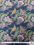 Ikat Floral Leaf Warp Printed Polyester Taffeta - Blue / Green / Rose Pink / Mustard
