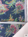 Ikat Floral Leaf Warp Printed Polyester Taffeta - Blue / Green / Rose Pink / Mustard
