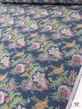 Ikat Floral Leaf Warp Printed Polyester Taffeta - Blue / Green / Rose Pink / Mustard
