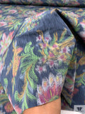 Ikat Floral Leaf Warp Printed Polyester Taffeta - Blue / Green / Rose Pink / Mustard