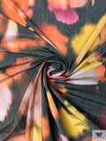 Italian Watercolor Floral Warp Printed Polyester Taffeta - Pinks / Orange / Yellow / Grey-Black