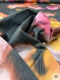 Italian Watercolor Floral Warp Printed Polyester Taffeta - Pinks / Orange / Yellow / Grey-Black