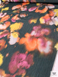 Italian Watercolor Floral Warp Printed Polyester Taffeta - Pinks / Orange / Yellow / Grey-Black