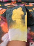 Italian Watercolor Floral Warp Printed Polyester Taffeta - Pinks / Orange / Yellow / Grey-Black