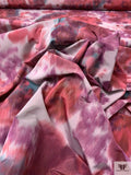 Italian Ikat Floral Paisley Printed Polyester Warp Printed Taffeta - Raspberry / Dusty Teal / Light Grey
