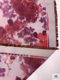 Italian Ikat Floral Paisley Printed Polyester Warp Printed Taffeta - Raspberry / Dusty Teal / Light Grey