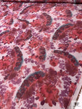 Italian Ikat Floral Paisley Printed Polyester Warp Printed Taffeta - Raspberry / Dusty Teal / Light Grey
