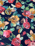 Italian Painterly Floral Printed Crepe with Mechanical Stretch - Navy / Multicolor