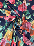 Italian Painterly Floral Printed Crepe with Mechanical Stretch - Navy / Multicolor