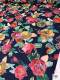 Italian Painterly Floral Printed Crepe with Mechanical Stretch - Navy / Multicolor