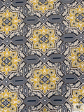 Italian Geometric Medallion Printed Viscose Matte Jersey Knit - Midnight Dusty Blue / Mustard / Beige